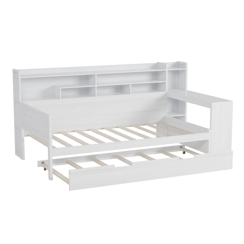 Lit de jour simple en bois avec tablettes de rangement, lit multifonctionnel avec lit gigogne simple et bureau d'étude