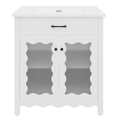 Meuble-lavabo de 31 po avec portes à rayures verticales en verre, tablettes réglables, charnières à fermeture en douceur et poignées argentées pour une configuration cohésive et élégante, profil incurvé et charnières