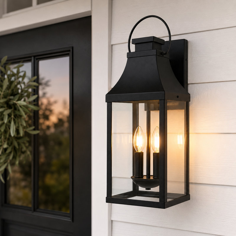 Lanterne murale d'extérieur 20,2 po à 2 lumières noire, applique d'extérieur de style campagne moderne avec panneaux en verre transparent