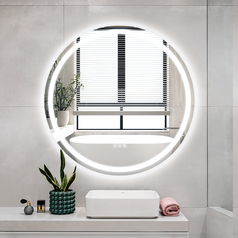 LED ETL Certified Round Frameless Anti-Fog Dimmable Tempered Glass Modern Vanity Mirror for Bathroom, 28"H x 28"W