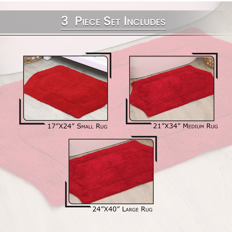 Tapis pour salle de bain 100% coton Morissette, antidérapant, séchage rapide, lavable à la machine, Rouge