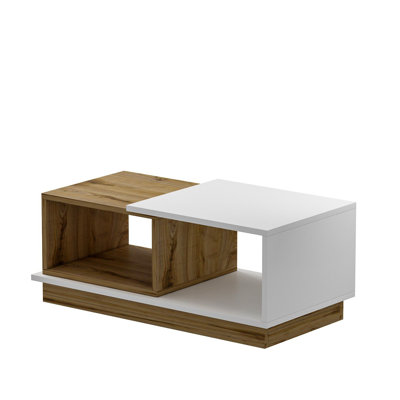 Modern Coffee Table with Numerous Shelves, White & Oak Finish, 35.4 x 14.2 x 14.2 inches | 100% Melamine Coated Particle Board, Thickness: 0.7 inches | Wall-Mountable Design, Stylish & Functional Home Décor
