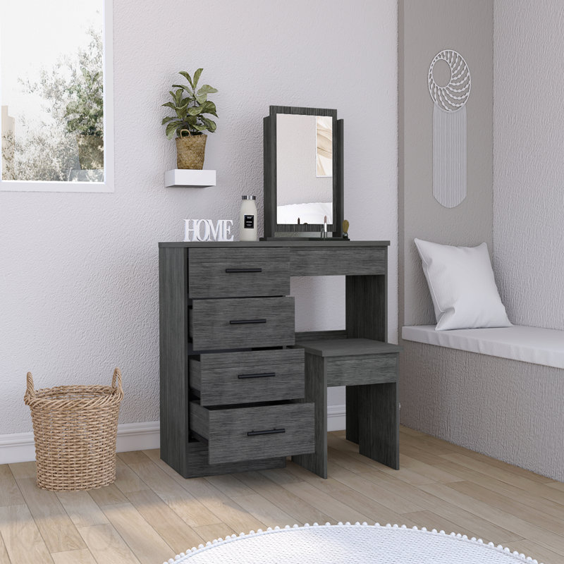 Coiffeuse de maquillage, quatre tiroirs, un miroir, tabouret - chêne Smokey