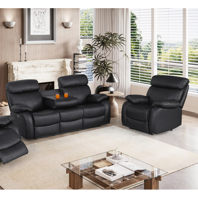 Avrielle Breathable Leather Power Reclining Living Room Set Reclining Sofa + Recliner Single Chair Set, Black
