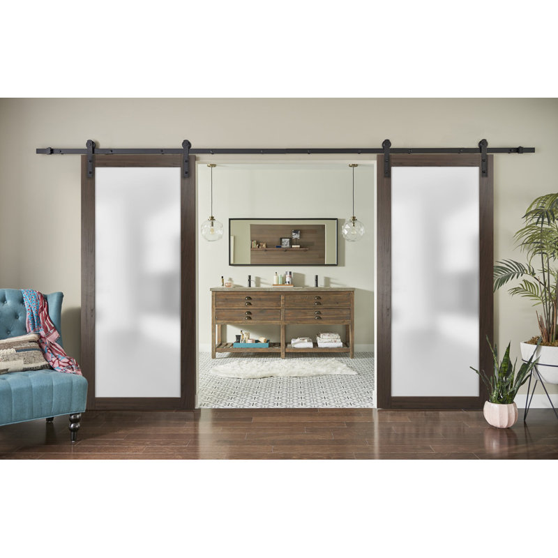 Modern Black Frosted Glass Double Barn Door Kit 72 x 80