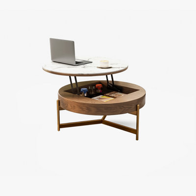 Table basse à plateau relevable avec rangement, plateau en faux marbre