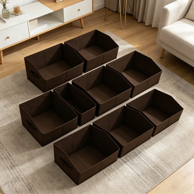 Fabric Cube Bins with Handles, Trapezoid Collapsible Storage Baskets for Shelves, Closet Organizers for Home, Dorm, Office, 10 Pack, Brown