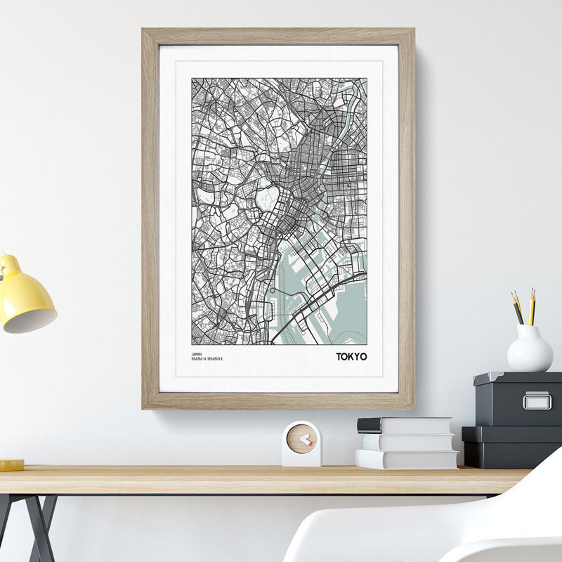 Map Tokyo Japan - Picture Frame Graphic Art, 48cm H x 36cm W x 2cm D, Oak