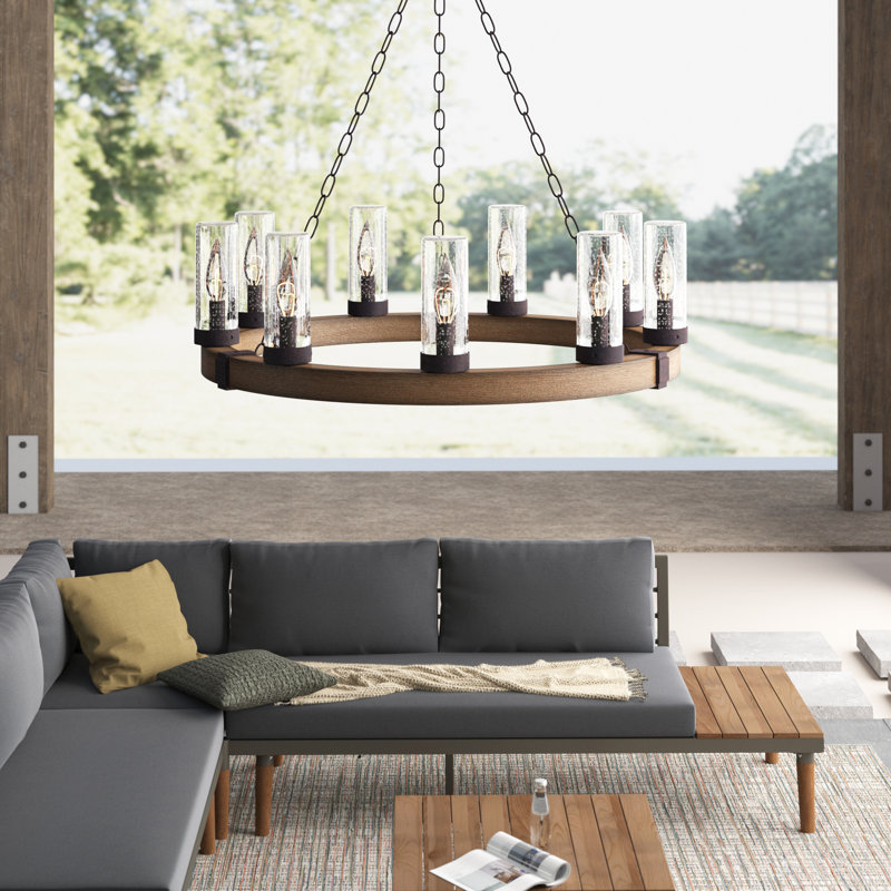 Sawyer 9-Light Single Tier Outdoor Rustic Chandelier, Sequoia Wood