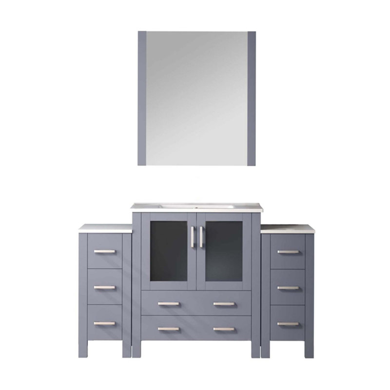 Meuble-lavabo simple avec armoires latérales, comptoir en céramique et miroir