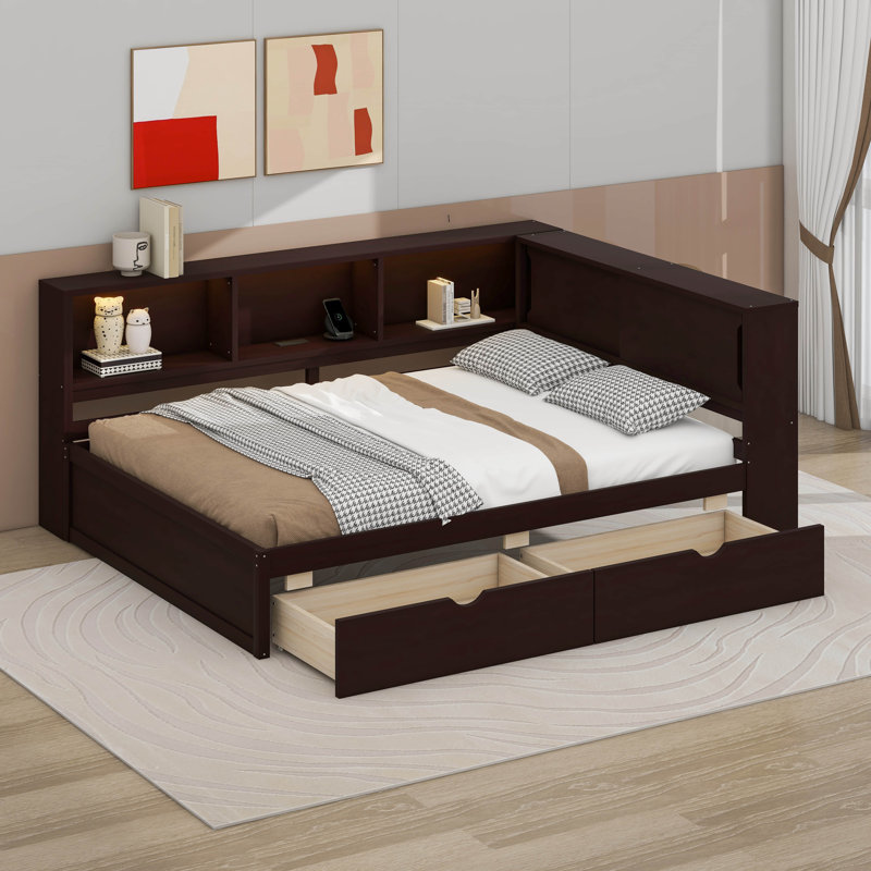 Lit de jour en bois pour grand lit avec éclairage à DEL intégré, ports de chargement USB, 2 tiroirs spacieux, Brun