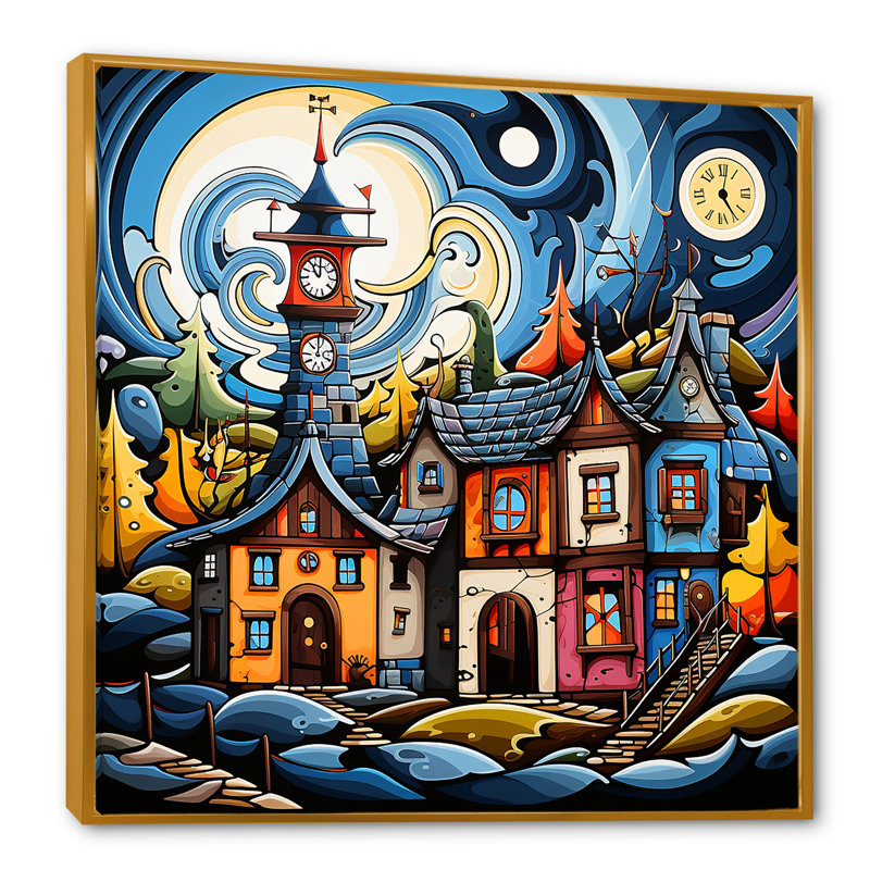 «Blue Whimsical Village Landscape - Abstract Landscape», art mural, Cadre flottant doré, H 36 po x l 36 po x P 1,5 po
