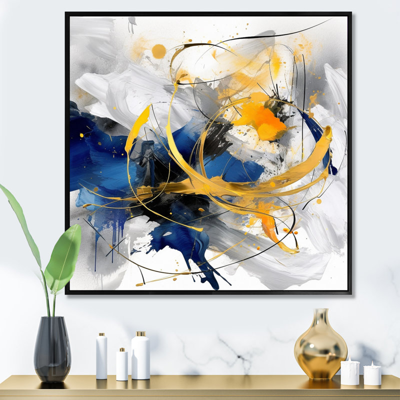«Dark Blue and Gold Strokes», reproduction sur toile encadrée, H 16 po x l 16 po, Reproduction avec cadre flottant, Noir