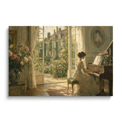 Reproduction sur toile d'une peinture représentant une femme jouant du piano droit - 51 x 76 cm