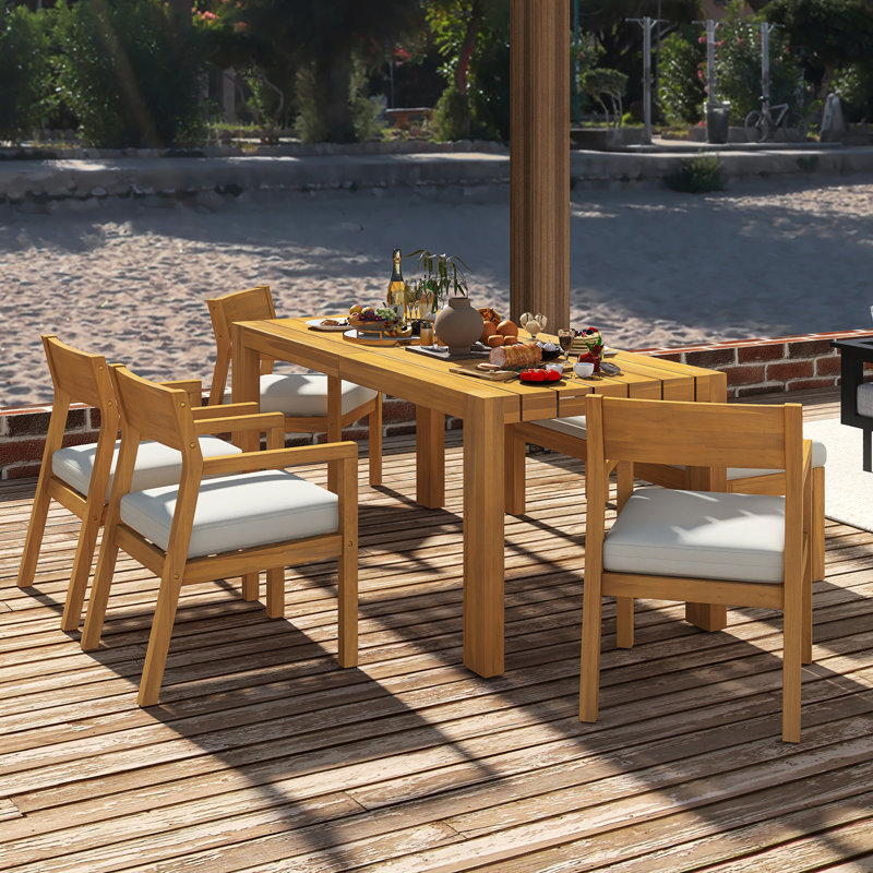 Ensemble de table de salle à manger 6 pièces pour ensemble de mobilier d'extérieur avec trou pour parasol | Chaises et banc avec coussins amovibles (teck clair + beige) |  Table rectangulaire 71 po | Cour, jardin, bord de piscine