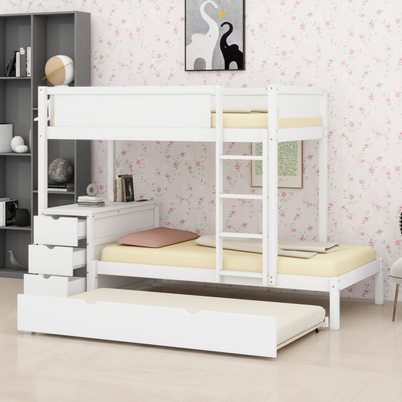 Bunk Bed With Desk, Storage Drawers And Trundle, White, Twin Over Twin