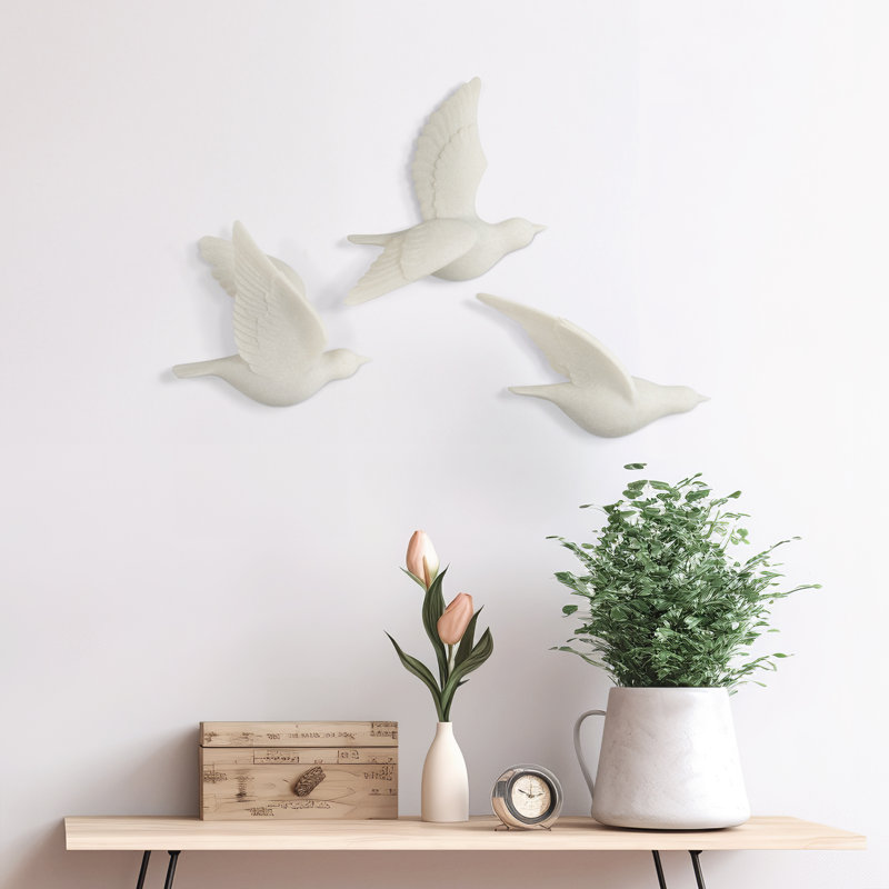  Elysia 3-Piece Horizon Quartz Resin Bird Wall Decor, White, Resin, Contemporary And Modern Style