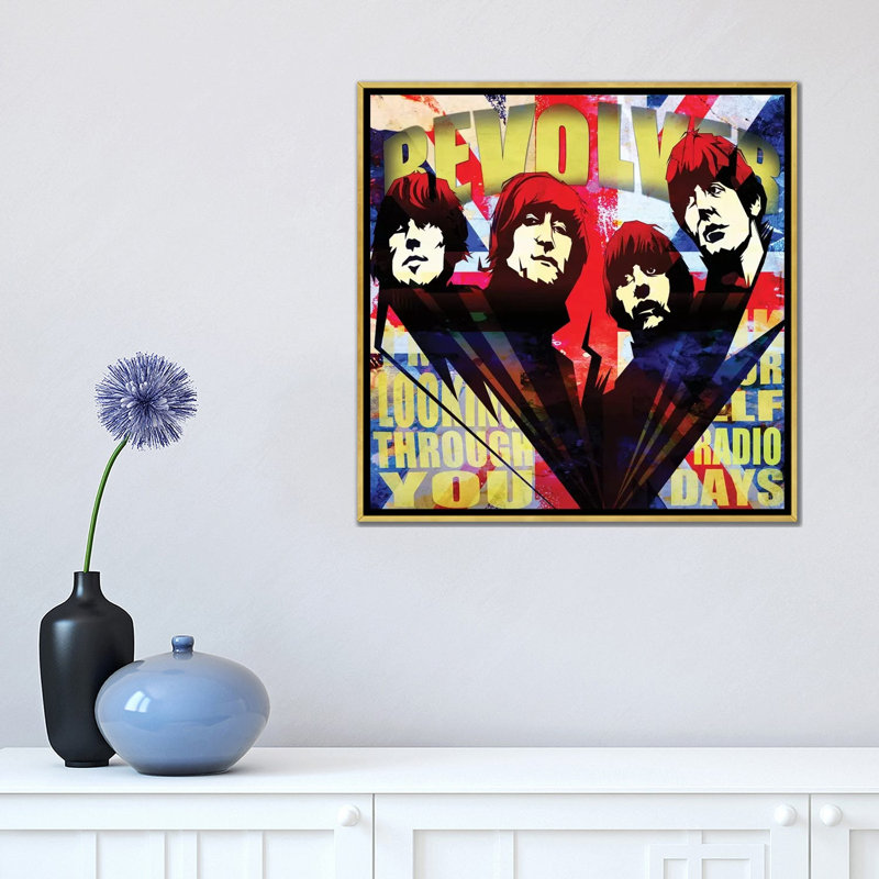 Fab 4 Chassing the Sun - publicité imprimée, Toile encadrée d'or, Aucun mat, H 18 po x l 18 po x 1,5 po