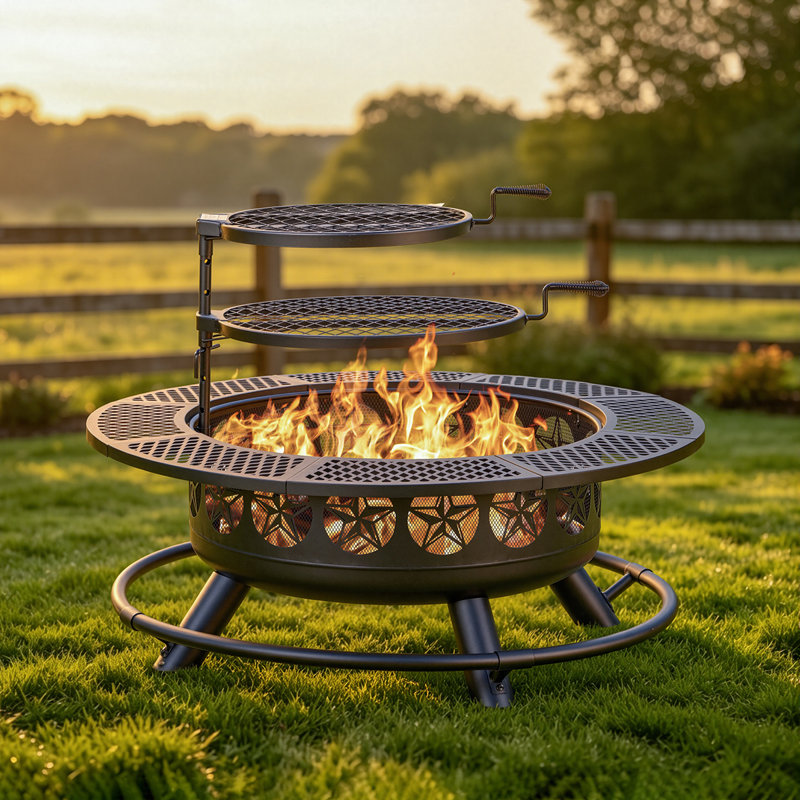 Foyer au bois avec barbecue et couvercle, H 25,2 po x l 42 po x P 42 po
