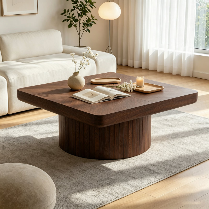 Table basse 34,6 po carrée avec plateau en placage de bois, motif de parquet, base cylindrique et plateau de table d'une épaisseur de 3,15 po