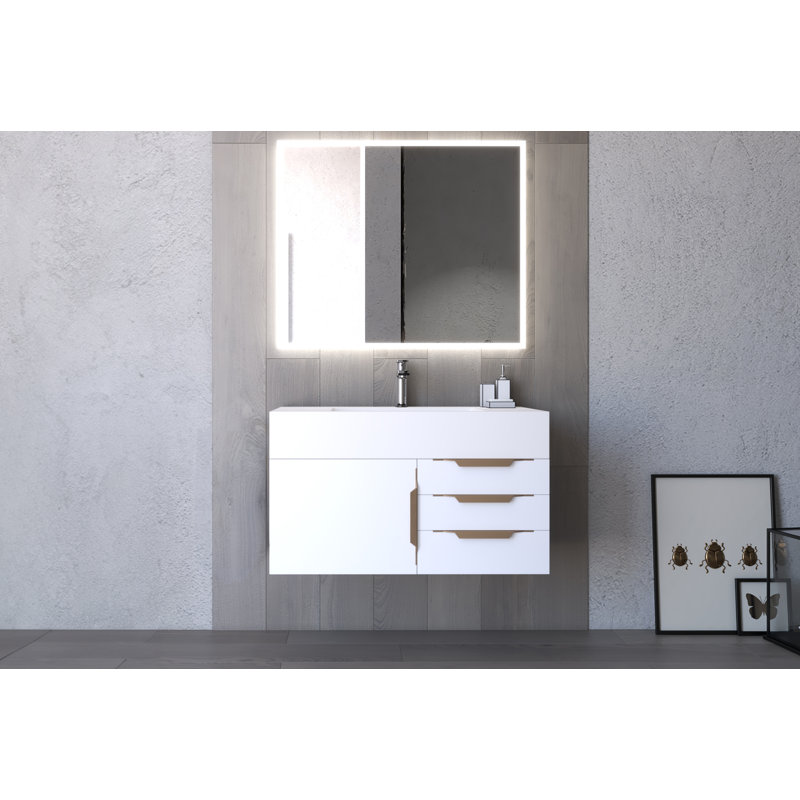 Ensemble de meuble-lavabo simple 36 po avec miroir Modern, Blanc, Blanc, Or
