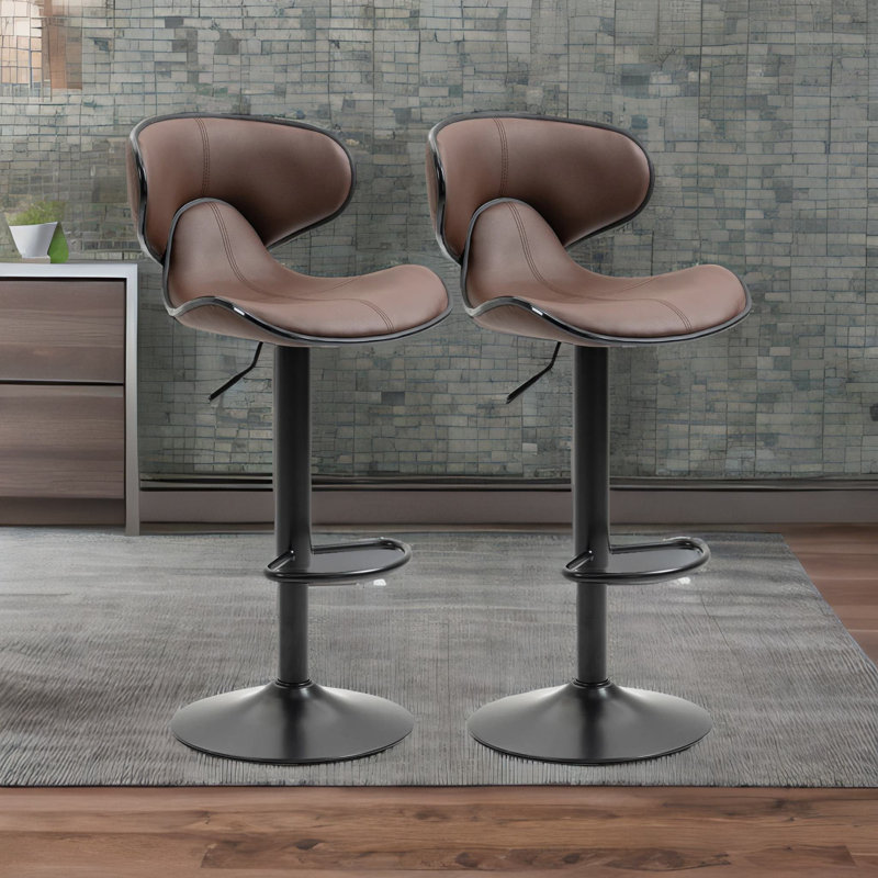 Misk 2-Piece 360-Swivel Adjustable Height Stool With Back & Footrest Kitchen Living Room Furniture, Brown