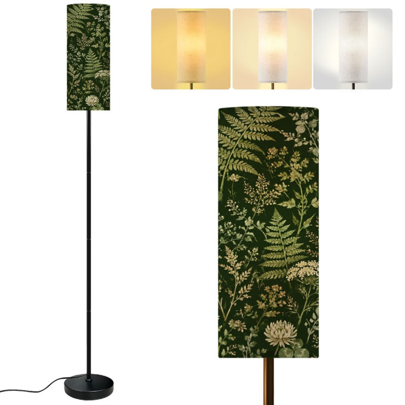  68.5" Standing Floor Lamp Vintage Botanical Ferns Floral Patterns Green Dimmable Metal Pole Lamp with Linen Lampshade LED Bulb Included