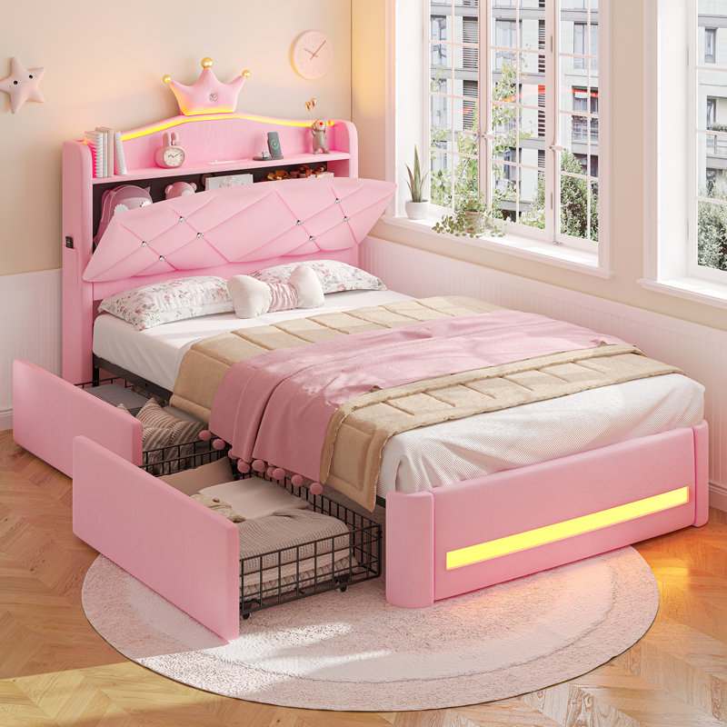 Pink Velvet Crown Princess Bed with LED Storage Headboard, 2 Drawers & Charging Station, Tufted Platform Bed Frame for Girls, No Box Spring Needed