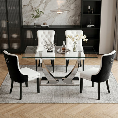 Modern Glam 5-Piece Tempered Glass Dining Set with Tufted Faux Leather Chairs and Chrome Arc Base