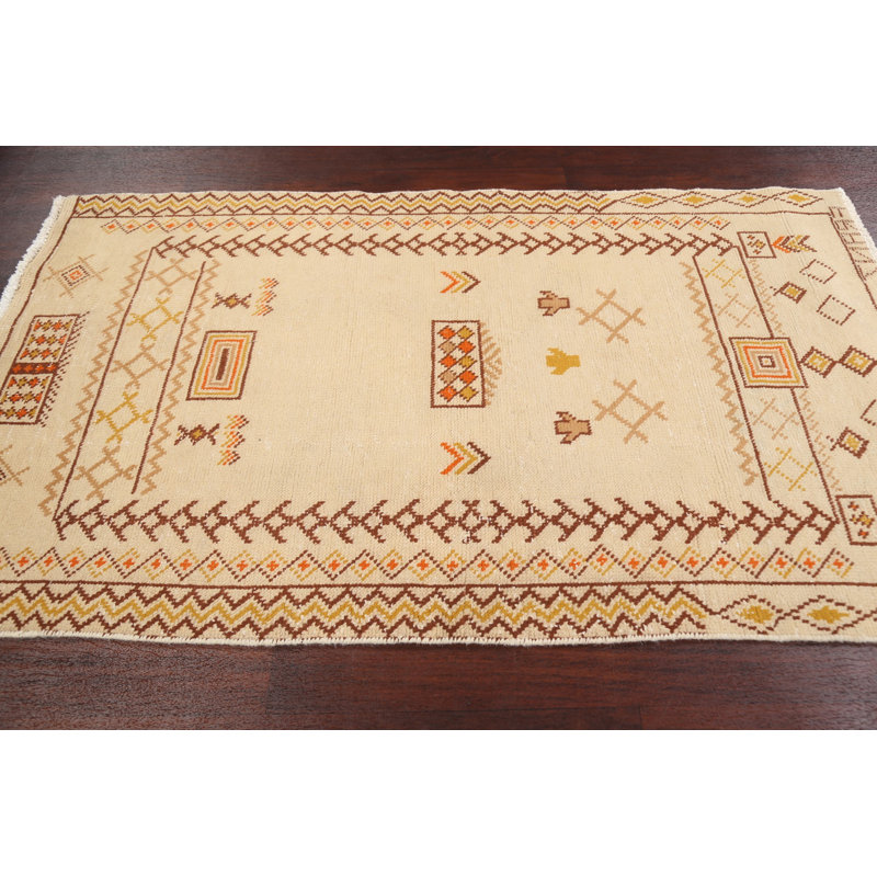 Tapis beige en laine noué à la main de conception unique 3 pi 10 po x 6 pi 7 po années 1960