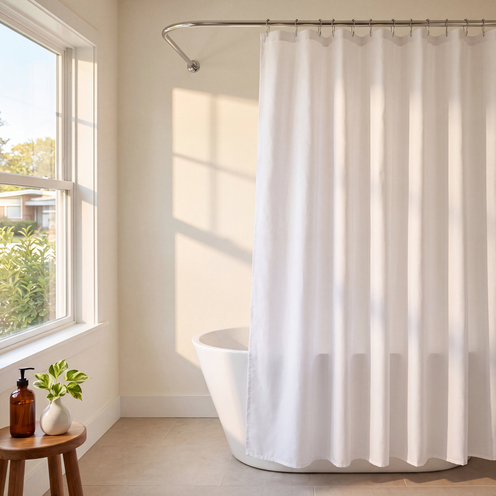 Linen-Look Textured Woven Shower Curtain, White