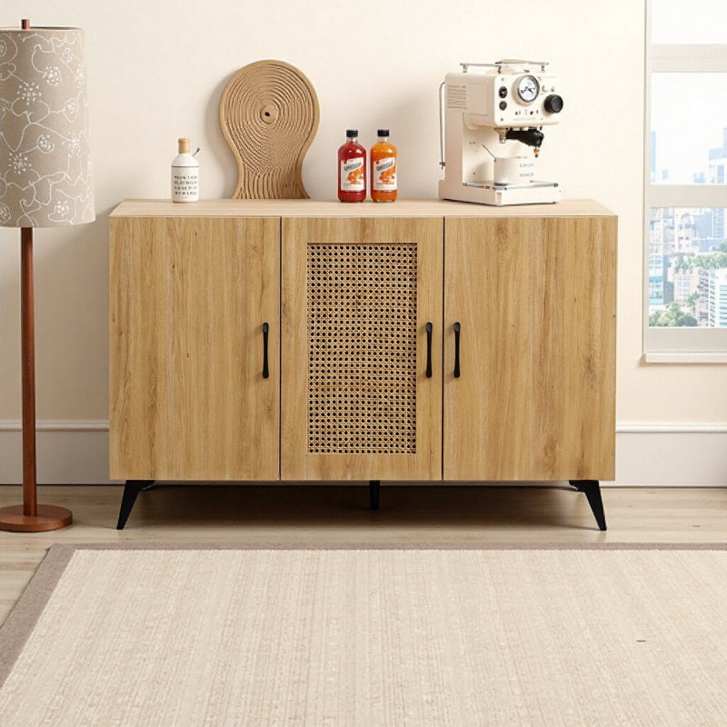 Armoire de rangement à trois portes en maille de rotin de 45,3 pouces de large pour la cuisine, le salon et la salle à manger