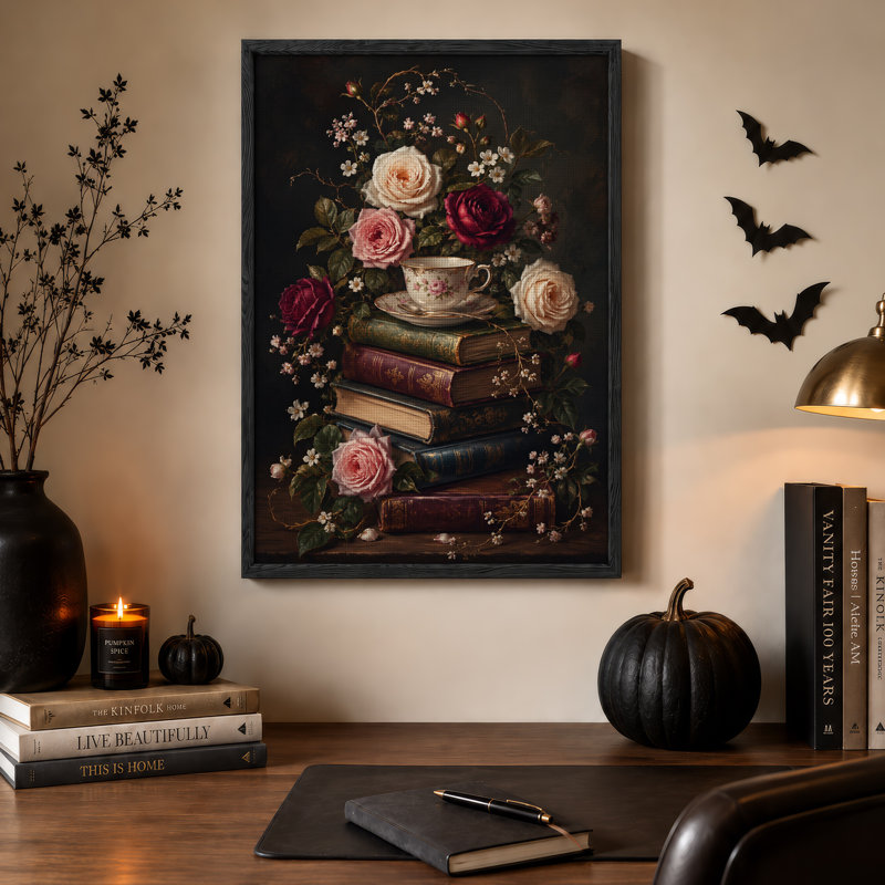 Roses roses et bourgogne avec livres empilés et art mural d'Halloween, 36"H x 24"W
