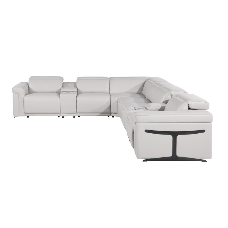 Suhur 8-Piece Top Grain Italian Leather Power Reclining Chaise Sectional, Light Gray Genuine Leather