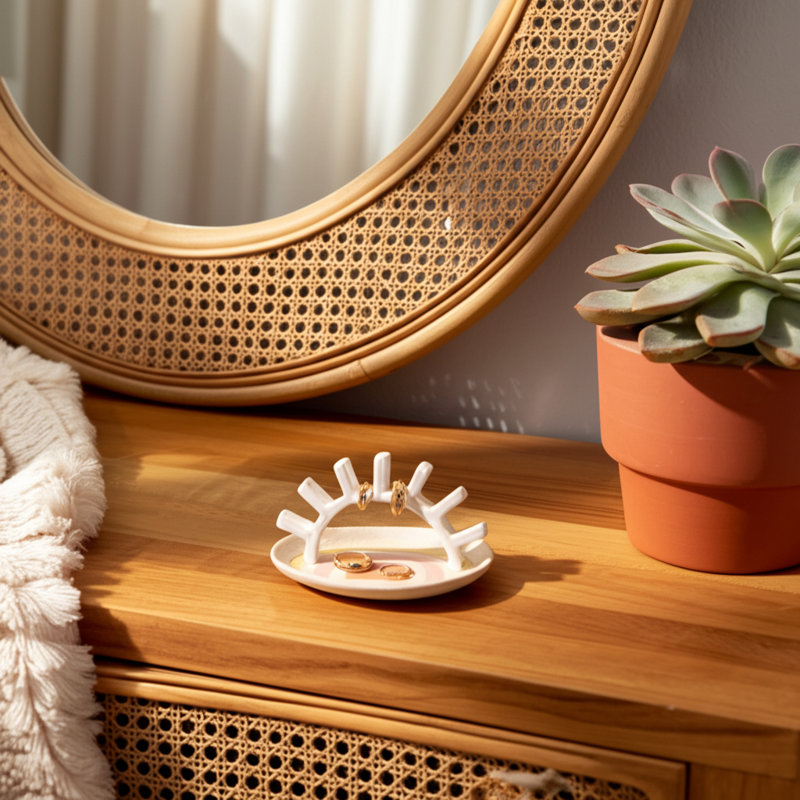 Decorative Sunshine Trinket Tray for Home Decor - Cute Accent Tray for Coffee Table, Jewelry Storage, or Bedroom Decor - 5.5", Ivory & Tan