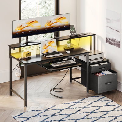 Harleysville Gaming Desk with Led Lights and Built-in Power Socket,Reversible Desk with Monitor Shelf and Cabinet ,Computer Desk with Pull-out Keyboar by Wrought Studio