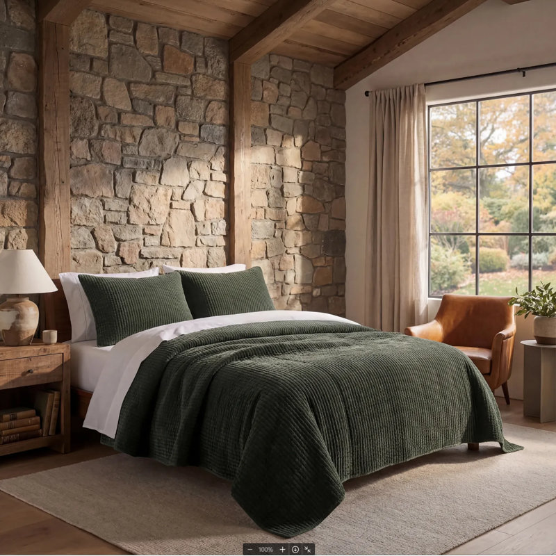 Stonewashed Cotton Velvet Modern Rustic Quilt Set, King Quilt  + 2 King Shams, Fern Green