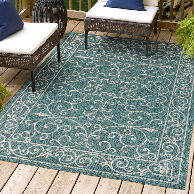 Hagerman Vintage Filigree Textured Weave Teal/Gray Indoor/Outdoor Rug, Rectangle 6' x 9'