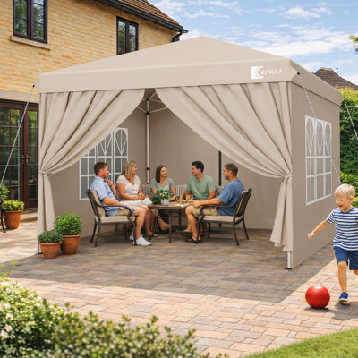 Sunula 10x10 FT Pop Up Canopy Tent with 4 Sidewalls, Heavy Duty Waterproof Outdoor Gazebo, Reinforced Steel Frame Folding Party Tent for Backyard, Camping, and Events (Khaki)