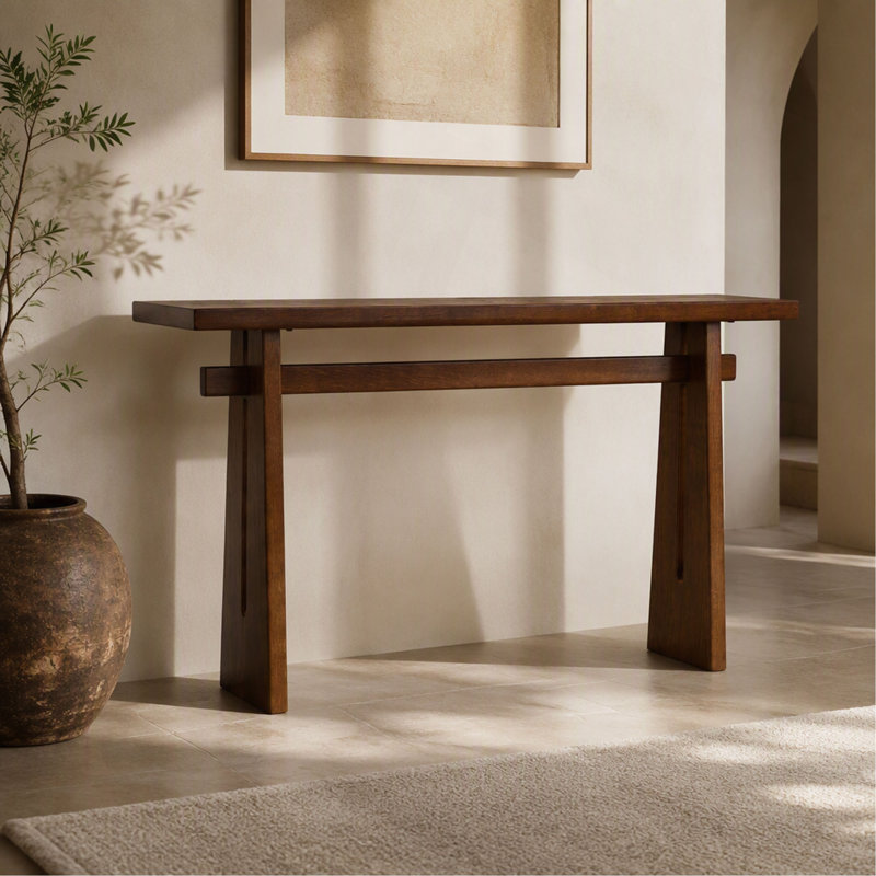 Console en MDF, table d'entrée étroite de 140 cm, table d'appoint minimaliste et rustique pour couloir avec double structure de support, montage facile pour le hall d'entrée, le salon ou le couloir.