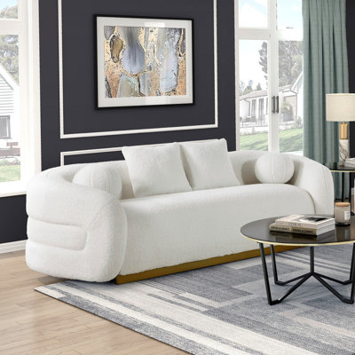 Novy Sofa, 4 Accent Pillows, White Sherpa, Gold, 93 Inch