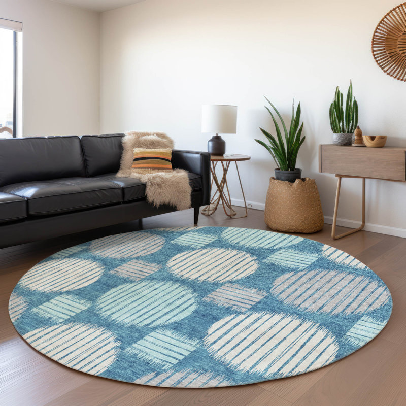 Premium Machine Washable Prisco Teal Rug, Round 8'