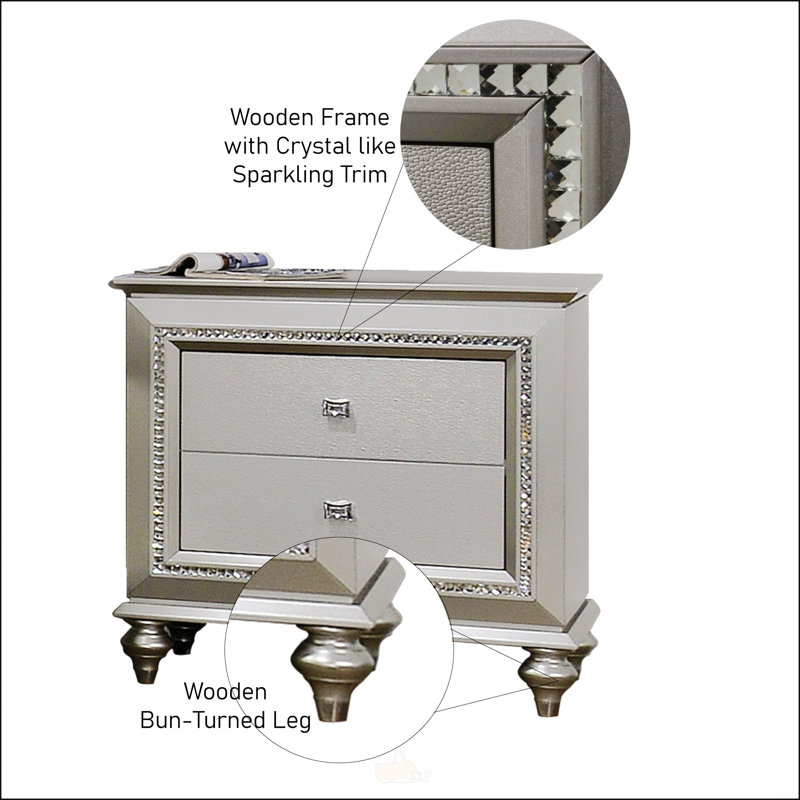 Table de chevet 2 tiroirs Champagne avec garniture étincelante, solution de rangement élégante pour les chambres et les salons