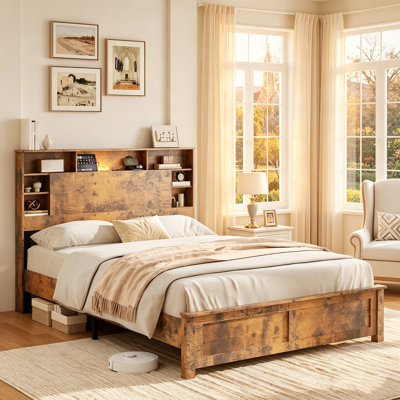 Full Size Bed Frame with Storage Headboard, Charging Station and LED Lights