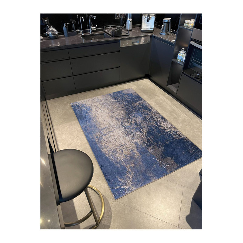 Tapis bleu tissé à motif géométrique, Sous-tapis rectangulaire 5 pi 1 po x 7 pi 7 po inc