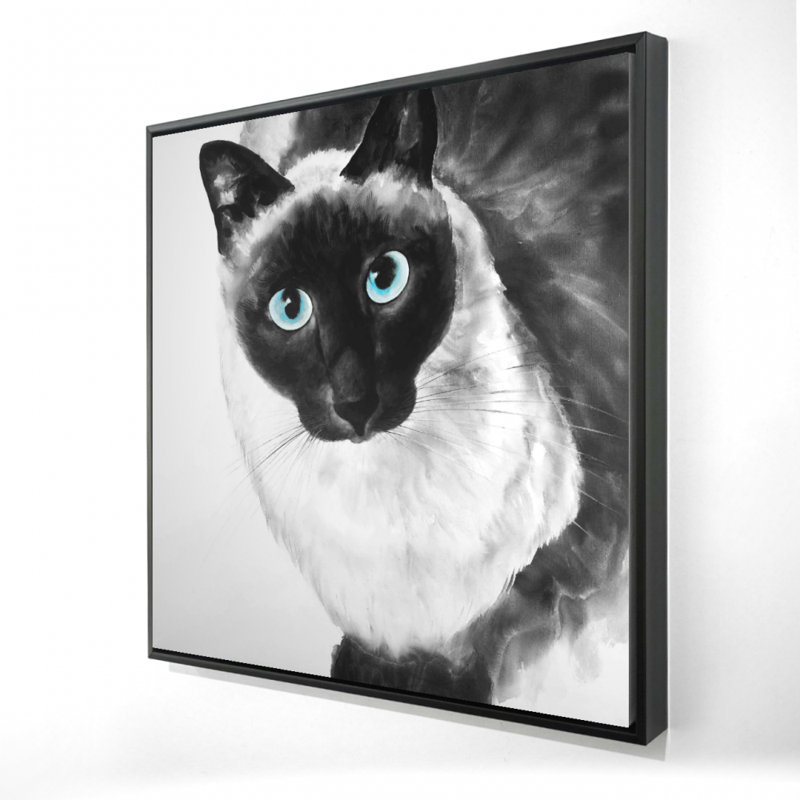 Toile de chat siamois aux yeux bleus - décoration encadrée blanche