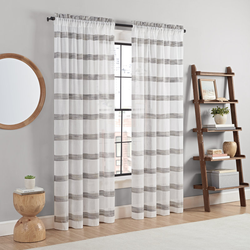 Blaurock Striped Polyester Semi-Sheer Single Curtain Panel, Black, 52"W x 95"L