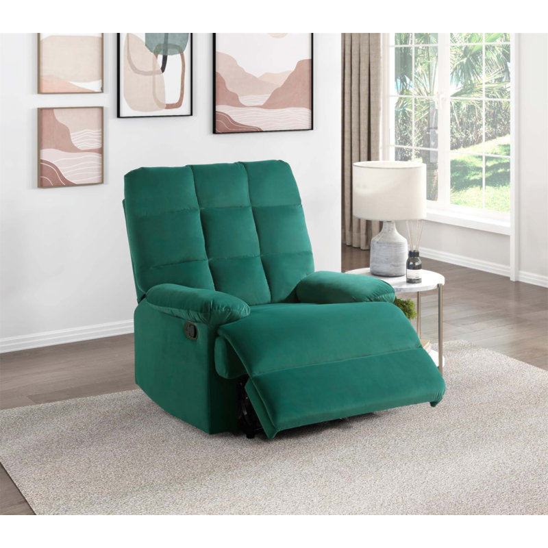 Luxurious Velvet Reclining Chair with Tufted Back and Pillowtop Arms, Perfect for Modern Living Rooms., Green