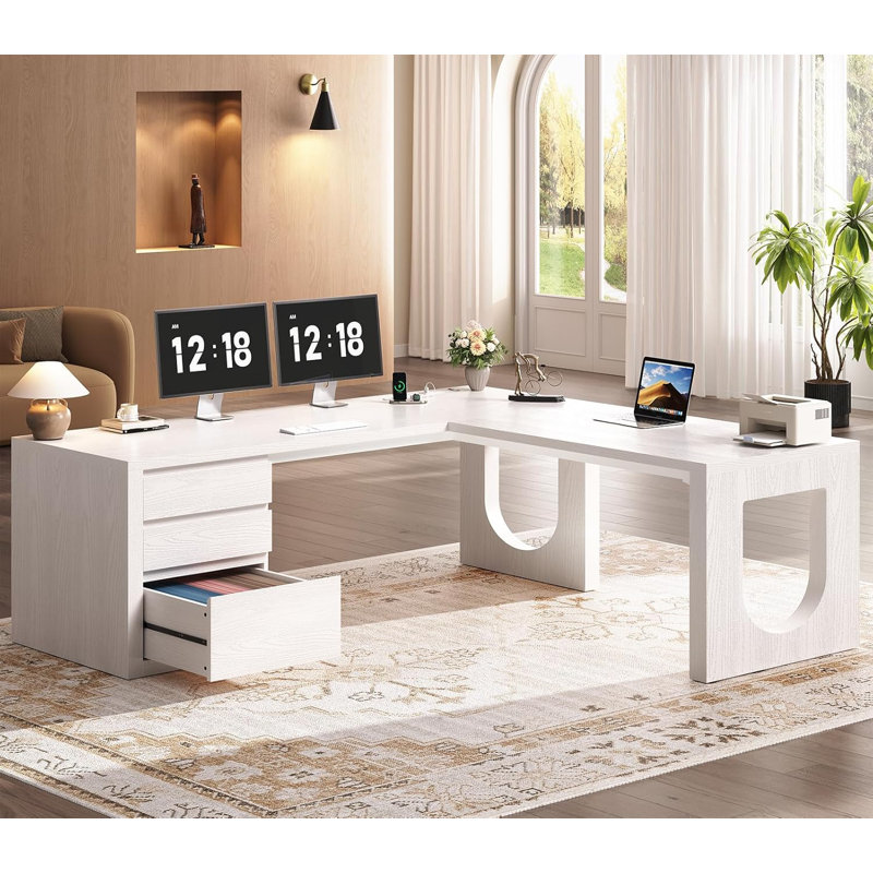 63" L Shaped Desk With 3 Drawers, Modern Executive Office Desk With File Drawer, White