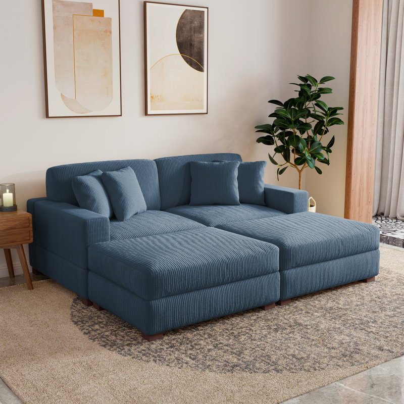 Ensemble de canapé-lit modulaire rembourré 4 pièces en velours côtelé bleu marine avec fauteuils et repose-pieds amovibles
